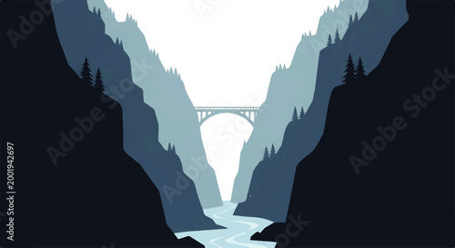 Φωτογραφία Vector flat design illustration of a majestic mountain gorge with a river flowin