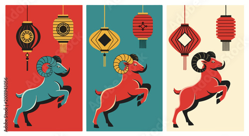 Stylized vector illustration of rams and traditional lanterns, celebrating the Chinese zodiac sign of the Ram.