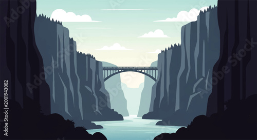 Cuadro en lienzo Vector flat design illustration of a majestic bridge spanning a deep canyon with