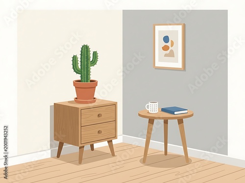 A serene and minimalist interior scene with a cactus on a wooden nightstand and a book with a mug on a small table in a cozy room with a framed picture on the wall  home decor inspiration