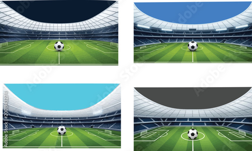 Realistic soccer stadium interior with green grass field and soccer ball under different sky conditions vector illustration for sports tournament concepts