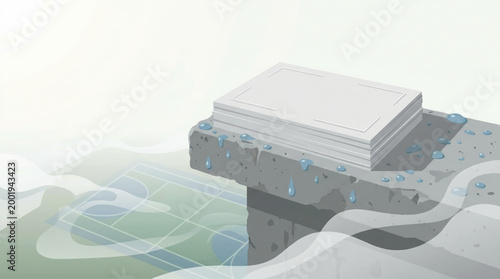 Abstract illustration of a stack of papers on a concrete ledge with water droplets