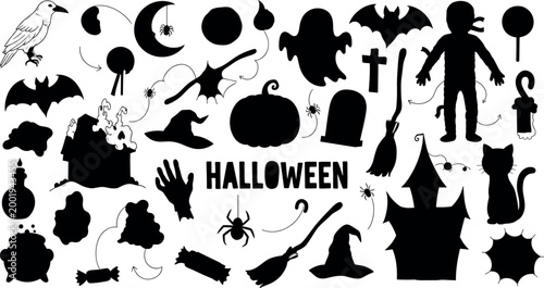 Black Halloween Silhouette Icon Set with Pumpkin, Ghost, Bat, Witch, Spider, and Haunted House for Spooky Holiday Design Projects