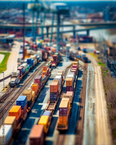 Tilt-shift view of cargo train carrying containers in industrial area.