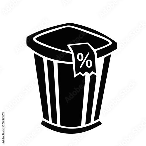 Trash bin with percentage discount tag. Waste container vector illustration for seasonal sales. Flat design isolated icon