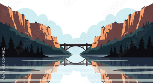 Tableau sur toile Vector flat design illustration of a majestic bridge spanning a calm river betwe