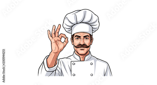 A charismatic male chef with a prominent mustache and toque, confidently making an "OK" hand gesture with a satisfied expression.