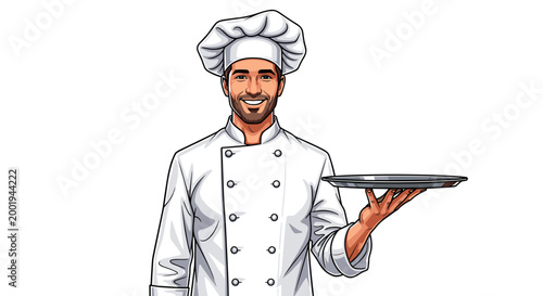 A cheerful, bearded male chef in a traditional white uniform and toque, holding an empty silver serving tray.