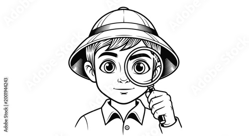 A curious young boy wearing a pith helmet, holding a large magnifying glass to his eye, looking intently forward.