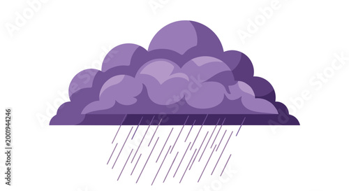 An illustrative depiction of a dark, heavy purple storm cloud releasing numerous thin, straight lines of falling rain.