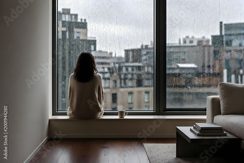 Lonely Woman Sitting by Rainy Window in Minimalist Apartment with Urban View