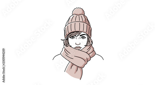 A detailed illustration of a young woman wearing a warm knitted beanie hat and a matching soft scarf, looking directly ahead.
