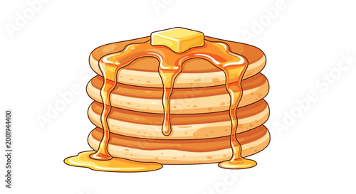 A delectable stack of golden-brown pancakes, generously drizzled with rich syrup and topped with a melting pat of butter.