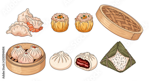 A diverse and appetizing illustration showcasing various traditional Asian dim sum dishes, including dumplings, bao, and a bamboo steamer.