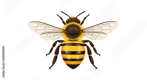A highly detailed and realistic illustration of a fuzzy bumblebee in flight, captured from a top-down perspective on a white background.