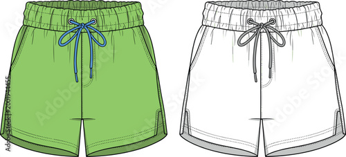 Casual Drawstring Shorts Fashion Technical Flat Sketch in Green and White Vector Illustration for Summer and Apparel Design Concepts