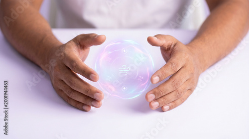 Man holding a glowing orb, contemplating future possibilities  