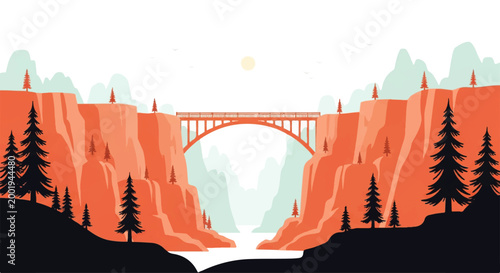 Schilderij op canvas Vector flat design illustration of a majestic bridge spanning a grand canyon wit
