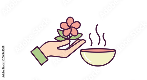 hand holding flower next to steaming bowl illustration