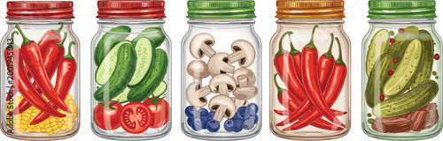Fresh and Pickled Vegetables in Glass Jars Collection Featuring Chili Peppers Cucumbers Mushrooms and Preserved Food for Kitchen Illustration and Organic Design Use