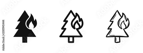 Forest fire and wildfire icons set burning pine tree environmental danger