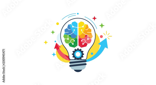 light bulb with colorful brain design on white background