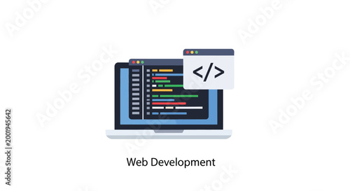 web development laptop with code editor and html icon