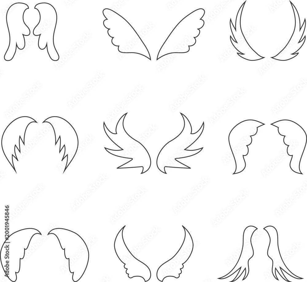 Fototapeta premium Vector set of nine hand drawn wing icons in minimalist line art style for graphics