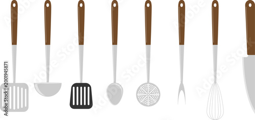 Vector set of kitchen utensils icons including spatula ladle whisk and knife for cooking design