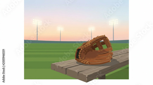 Baseball glove on a wooden bench at a stadium at sunset
