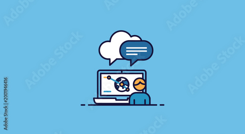 person working on laptop with cloud and speech bubble