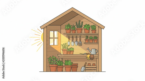 Garden shed interior with potted plants and gardening tools