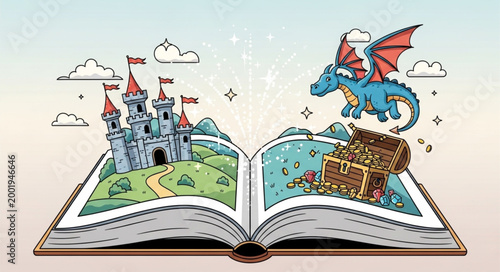 Open Book with Fantasy Dragon and Castle Scene.