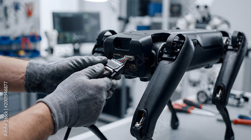 Engineer connecting cable to quadruped robot dog in modern robotics laboratory