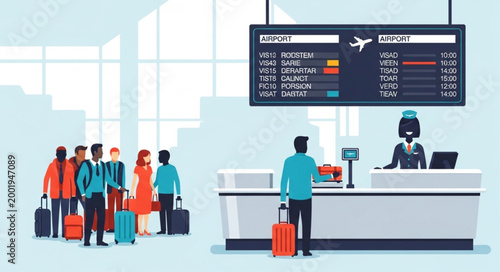 Travelers Waiting in Airport Queue at Check-in Counter.