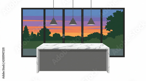 Marble kitchen counter with modern pendant lights at sunset