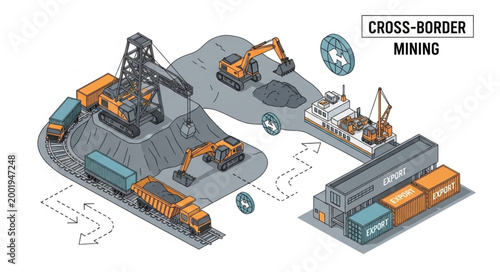 Isometric Cross-Border Mining Facility with Equipment and Infrastructure.