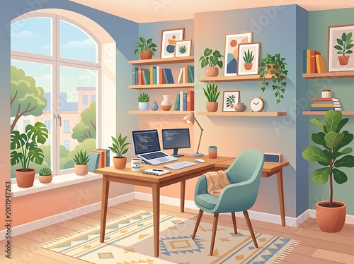 Cozy home office with desk chair computer plants bookshelves and large window with city view  comfortable workspace with modern furniture and decor