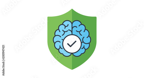 brain shield icon with checkmark green blue