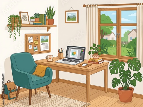 Cozy home office with laptop and plants on wooden desk and shelf with books and plants on white walls with window and curtain and view of house and trees outside