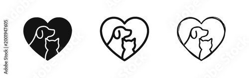 Pet Care and Love Icons Set with Dog and Cat in Heart Shape
