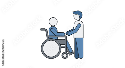 person assisting wheelchair user in simple vector illustration