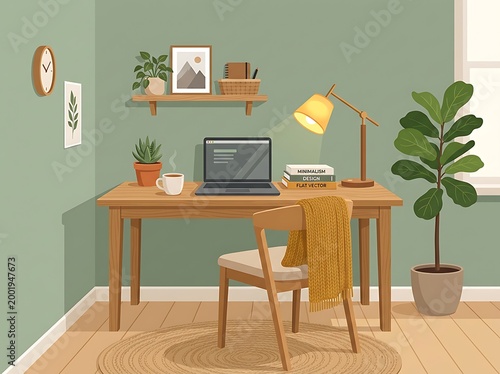 Cozy home office with laptop and plants on wooden desk  green walls and wooden floor