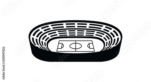 Minimalist black and white top-down icon of a soccer stadium with a football pitch and running track, on an isolated white background.