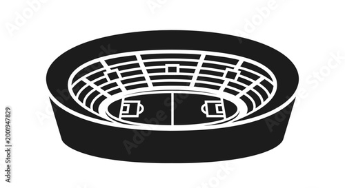 Minimalist black and white top-down icon of a soccer stadium with a football pitch and stands, on an isolated white background.