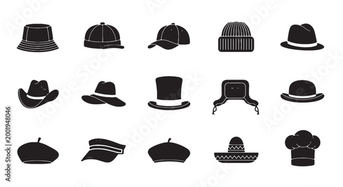 Black hat icons, headwear symbols, 15 hats collection, vector illustrations, fashion elements