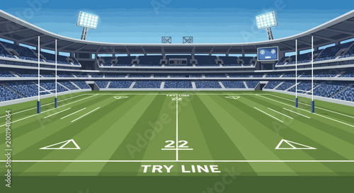 Empty rugby stadium with a green pitch and goalposts, ready for a match in bright daylight.