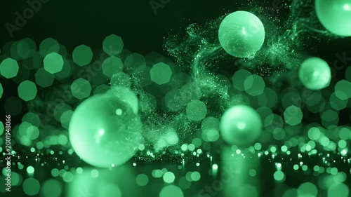 A mesmerizing abstract image showcases a bokeh effect of vibrant green orbs and shimmering lights against a dark, mysterious background.