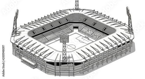 Detailed isometric line art illustration of a modern soccer stadium with a football pitch, viewed from above in a bright studio.