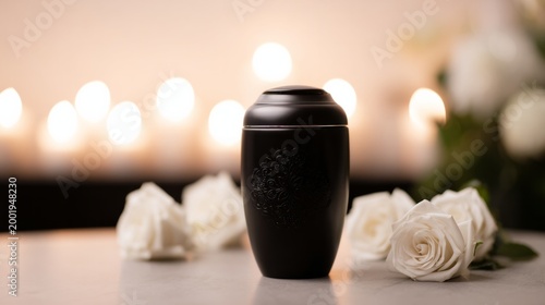Soft light glows behind the urn